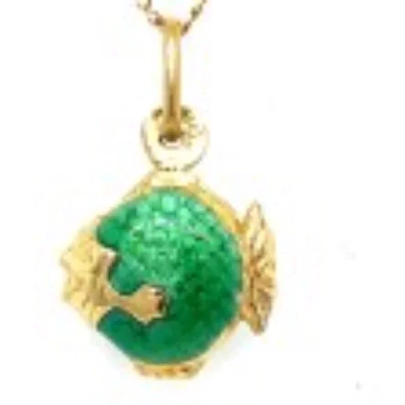 14K Men's Green Enamel Tiger Barb Fish  Pendant - Picture 4 of 4